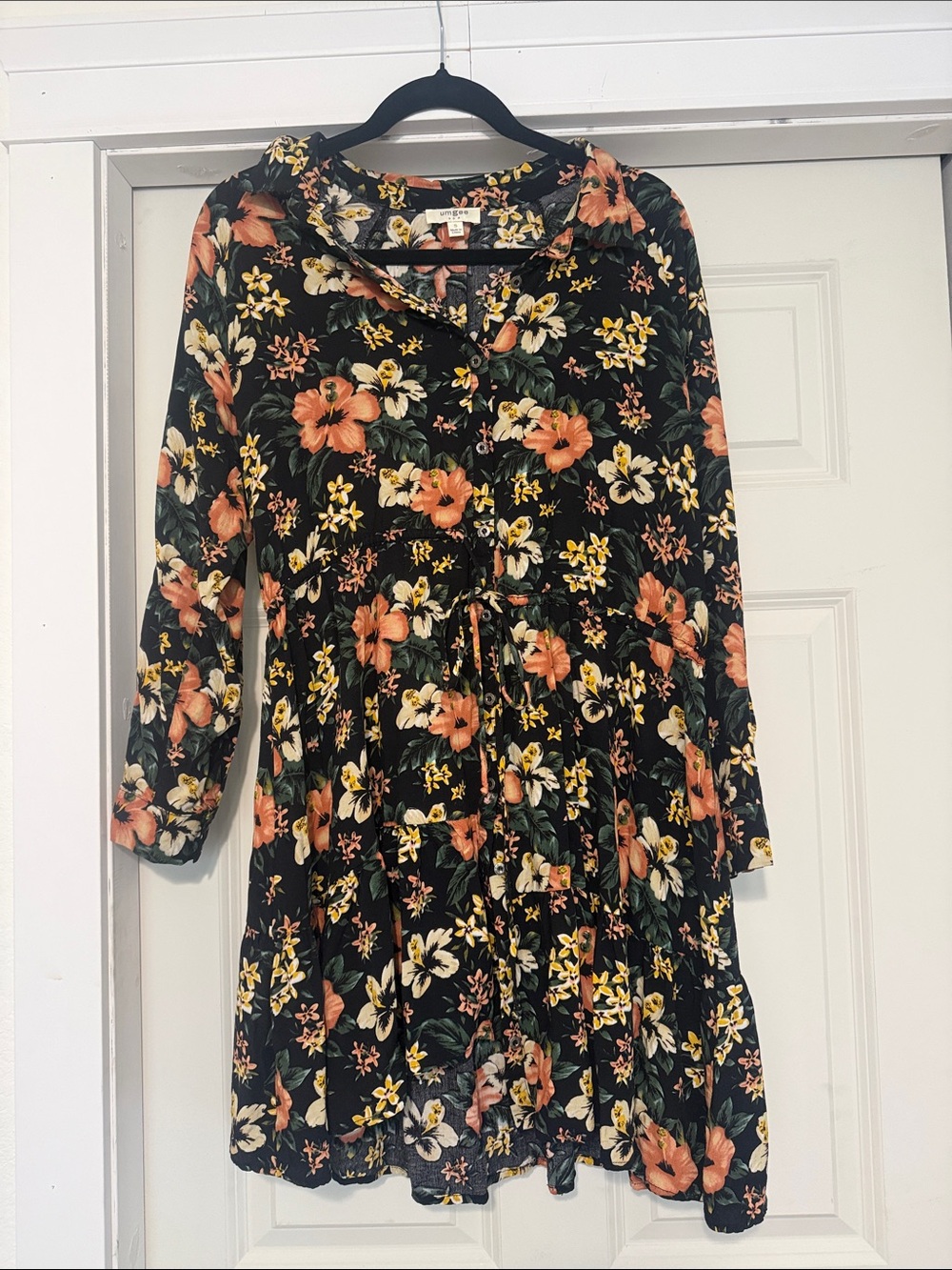 Umgee Black Floral Blouse with Peach & Green Accents